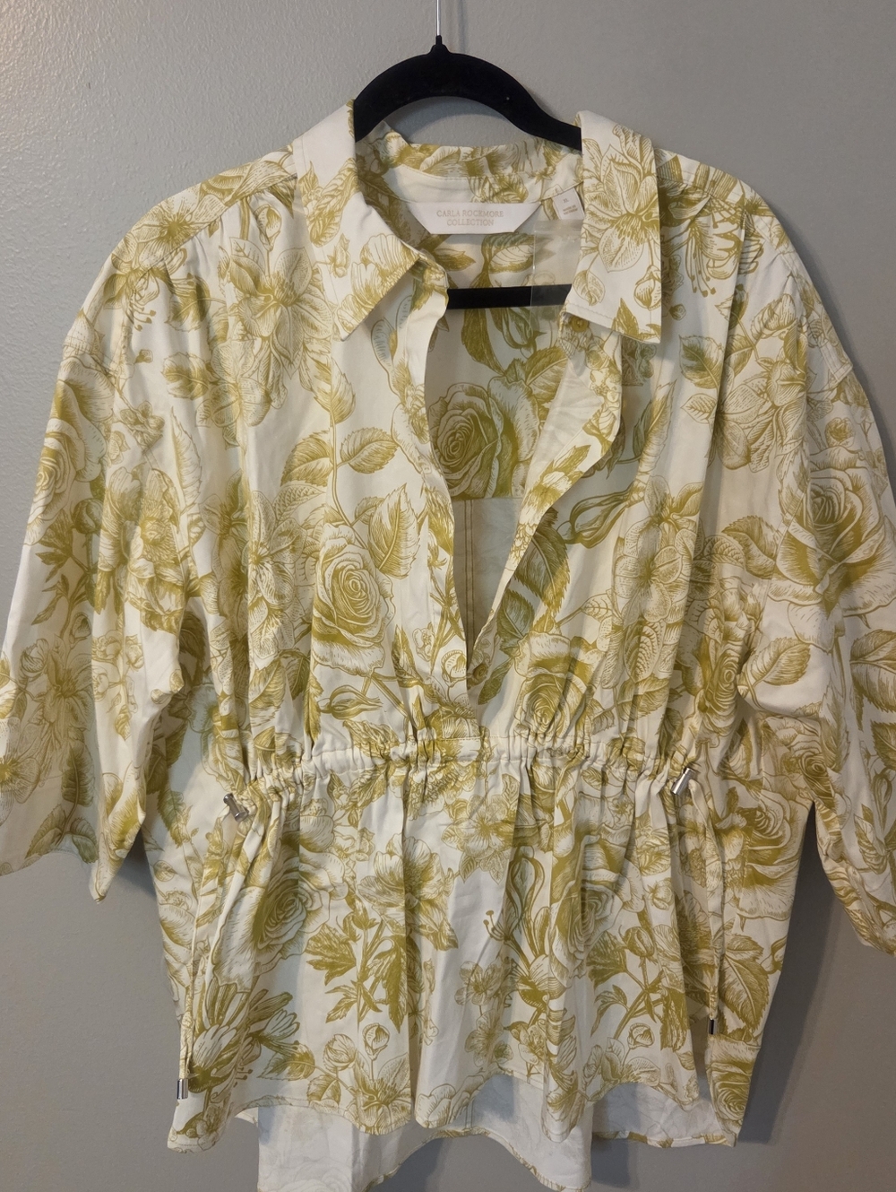 Carla Rockmore Womens Yellow Floral Cinch Waist Preppy Coastal Shirt Sz XL - Picture 2 of 8